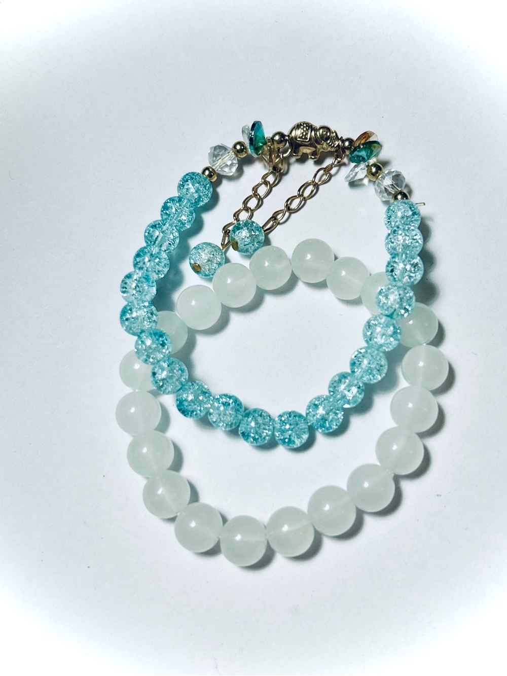 2 Bracelets Aqua & White Bead Bracelet Set with Gold Accents